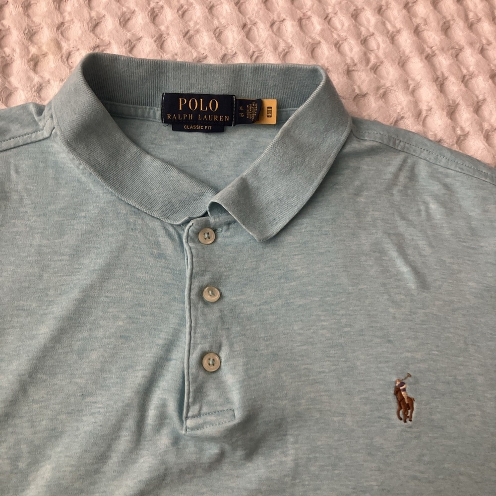 Polo Ralph Lauren Shirt Mens XL Blue Classic Fit Flesh‎ Pony Short Slv Tiny Hole - Picture 2 of 8